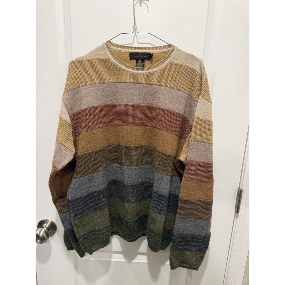 Bugatchi Mens Sweater Merino Wool Striped Multi-Color Medium